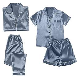 Schlafanzug Damen Pyjama Sets Satin Pajama Sets Schlafanzüge für Frauen Gemütliche Nachthemd Schlafanzug Set Hausanzug Lingerie Nachtwäsche Vierteiliges Set für alle (231205A-Light Blue, M) von HolAngela