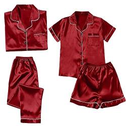 Schlafanzug Damen Pyjama Sets Satin Pajama Sets Schlafanzüge für Frauen Gemütliche Nachthemd Schlafanzug Set Hausanzug Lingerie Nachtwäsche Vierteiliges Set für alle (231205A-Wine, XXXXXL) von HolAngela