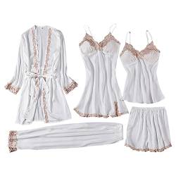 Schlafanzug Damen Pyjama Sets Satin Pajama Sets Schlafanzüge für Frauen Gemütliche Nachthemd Schlafanzug Set Hausanzug Lingerie Nachtwäsche Vierteiliges Set für alle Jahreszeiten (12-Wine, S) von HolAngela