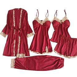 Schlafanzug Damen Pyjama Sets Satin Pajama Sets Schlafanzüge für Frauen Gemütliche Nachthemd Schlafanzug Set Hausanzug Lingerie Nachtwäsche Vierteiliges Set für alle Jahreszeiten (12-Wine, S) von HolAngela