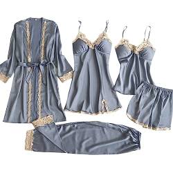 Schlafanzug Damen Pyjama Sets Satin Pajama Sets Schlafanzüge für Frauen Gemütliche Nachthemd Schlafanzug Set Hausanzug Lingerie Nachtwäsche Vierteiliges Set für alle Jahreszeiten (12-Wine, S) von HolAngela