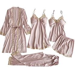 Schlafanzug Damen Pyjama Sets Satin Pajama Sets Schlafanzüge für Frauen Gemütliche Nachthemd Schlafanzug Set Hausanzug Lingerie Nachtwäsche Vierteiliges Set für alle Jahreszeiten (12-Wine, S) von HolAngela