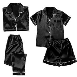 Schlafanzug Damen Pyjama Sets Satin Pajama Sets Schlafanzüge für Frauen Gemütliche Nachthemd Schlafanzug Set Hausanzug Lingerie Nachtwäsche Vierteiliges Set für alle Jahreszeiten (231205A-Black, M) von HolAngela