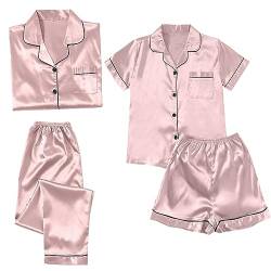 Schlafanzug Damen Pyjama Sets Satin Pajama Sets Schlafanzüge für Frauen Gemütliche Nachthemd Schlafanzug Set Hausanzug Lingerie Nachtwäsche Vierteiliges Set für alle Jahreszeiten (231205A-Pink, L) von HolAngela