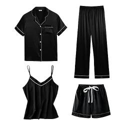 Schlafanzug Damen Pyjama Sets Satin Pajama Sets Schlafanzüge für Frauen Gemütliche Nachthemd Schlafanzug Set Hausanzug Lingerie Nachtwäsche Vierteiliges Set für alle Jahreszeiten (2312141-Black, M) von HolAngela