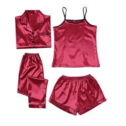 Schlafanzug Damen Pyjama Sets Satin Pajama Sets Schlafanzüge für Frauen Gemütliche Nachthemd Schlafanzug Set Hausanzug Lingerie Nachtwäsche Vierteiliges Set für alle Jahreszeiten (znx231214A-Wine, M) von HolAngela