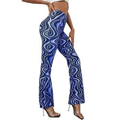 Yogahose Damen Boho Strandhose Hippie Blumen Schlaghose Weites Bein Palazzo Sommerhose Elegant High Waist Bootcut Freizeithose Caprihose Elastische Taille Yogahose Blickdicht Freizeithose (Blue, M) von HolAngela