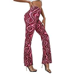 Yogahose Damen Boho Strandhose Hippie Blumen Schlaghose Weites Bein Palazzo Sommerhose Elegant High Waist Bootcut Freizeithose Caprihose Elastische Taille Yogahose Blickdicht Freizeithose (Red, S) von HolAngela