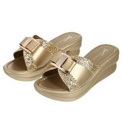 Holibanna Damen Plateau Keil Pantoletten Peep Toe Slipper Sandalen Slip auf Modesandalen mit Bowknot Pailletten Dekor Ferse Höhe 5 cm von Holibanna