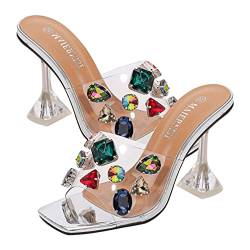 Klar High Heels Sandalen Karree Transparent Strass Sommer Schuhe Silber von Holibanna