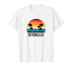 Seychelles Sonnenuntergang Vintage Souvenir Palme Strand Sonne T-Shirt von Holiday Souvenirs Men Women Kids Vacation