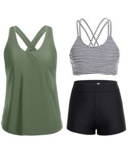 Holipick 3-teilige Tankini-Badeanzüge für Damen, Bauchkontrolle, Badeanzüge, Badeanzug, Tank-Top mit BH, Jungen-Shorts, Teenager-Bademode, Grün Schwarz gestreift, XX-Large von Holipick