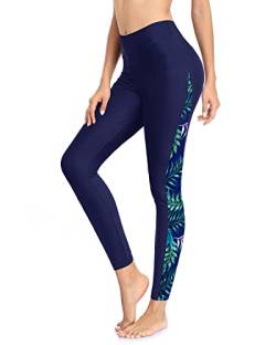 Holipick Badehose für Damen, Schwimmleggings mit hoher Taille, LSF 50+, Blaue Blätter, XL von Holipick