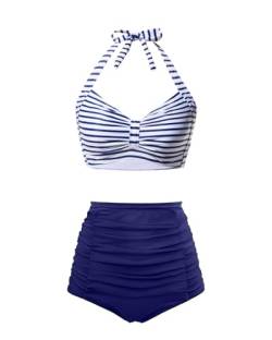 Holipick Bikini-Set mit hoher Taille, zweiteilig, Bauchkontrolle, Vintage-Badeanzug, Retro-Badeanzug, Neckholder, Badeanzug mit Unterteil, Blauer Streifen, Large von Holipick