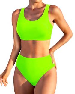 Holipick Bikini-Set mit hoher Taille für Damen, sportlicher, Zweiteiliger Badeanzug mit U-Ausschnitt, für Teenager, Mädchen, Junioren, neon Green, X-Small von Holipick