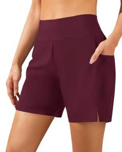 Holipick Damen 12,7 cm hohe Taille schnell trocknende Badehose mit Handytaschen UPF50+ Badehose mit Futter, Weinrot, Medium von Holipick