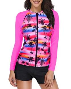 Holipick Damen 2-teiliger Rashguard-Badeanzug Langarm Reißverschluss Badeanzug Sonnenschutz UPF 50+ Schwimmshirt mit Shorts, Kokosnussbaum Pink, Large von Holipick