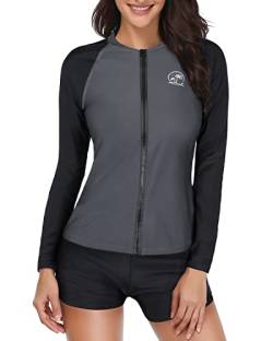 Holipick Damen 2-teiliger Rashguard-Badeanzug Langarm Reißverschluss Badeanzug Sonnenschutz UPF 50+ Schwimmshirt mit Shorts, Schwarz Grau, XL von Holipick