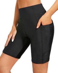 Holipick Damen-Badeshorts mit hoher Taille, Bauchkontrolle, Fahrrad-Shorts, lange Jungen-Shorts, Badeanzug-Shorts mit Taschen, Schwarz, S von Holipick