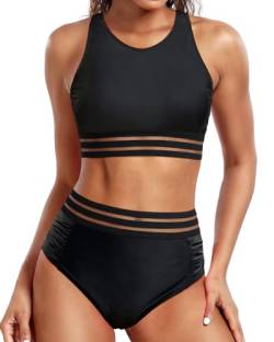 Holipick Damen-Bikini-Set mit hoher Taille, Racerback, sportliches bauchfreies Oberteil mit Unterteil für Teenager-Mädchen, Schwarz1, Large von Holipick