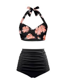 Holipick Damen-Bikini-Set mit hoher Taille, zweiteilig, Bauchkontrolle, Badeanzug, Neckholder-Top mit Unterteil, Badeanzug, Vintage-Badebekleidung, Schwarz und Blumen, S von Holipick