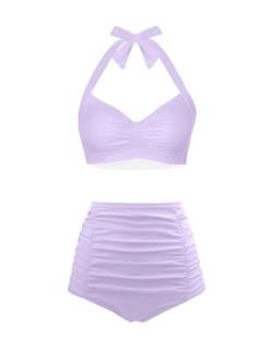 Holipick Damen-Bikini-Set mit hoher Taille, zweiteilig, Bauchkontrolle, Badeanzug, Neckholder-Top mit Unterteil, Vintage-Bademode, Lavendel, S von Holipick