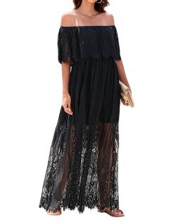 Holipick Damen Schulterfrei Spitze Maxikleid Boho Hochzeit Gast Brautjungfer Strand Formal Langes Kleid, Schwarz, Groß von Holipick