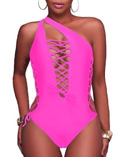 Holipick Damen Sexy Einteiler Badeanzüge Tiefes V-Ausschnitt Badeanzüge Schnürung Monokini Träger Cutout Bademode, neon pink, XX-Large von Holipick