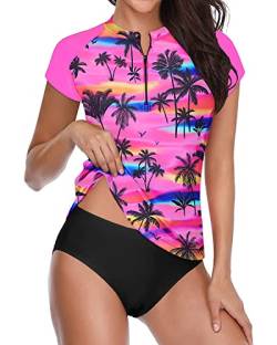 Holipick Damen Zweiteiliger Kurzarm Rash Guard Cap Sleeve Badeanzug Reißverschluss Badeanzug Bulid in BH Schwimmen Shirt, Kokosnussbaum Pink, Large von Holipick