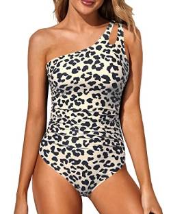 Holipick Einteiliger Badeanzug für Damen, einschultrig, Bauchkontrolle, Badeanzüge, bescheidene volle Abdeckung, Schlüsselloch-Bademode, Leopard, Large von Holipick