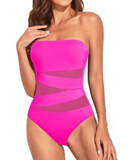 Holipick Einteiliger Badeanzug für Damen, trägerlos, Bandeau-Badeanzug, schlankmachend, Neckholder, Bademode, Hot Pink 1, Medium von Holipick