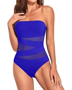 Holipick Einteiliger Badeanzug für Damen, trägerlos, Bandeau-Badeanzug, schlankmachend, Neckholder, Bademode, Royal Blue 1, Large von Holipick