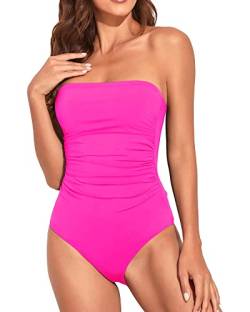 Holipick Frauen Bauchkontrolle Einteilige Badeanzüge Trägerlos Bandeau Badeanzüge Schlankheits Neckholder Bademode, Pink, XS von Holipick