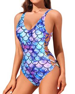 Holipick Frauen Sexy Einteiler Badeanzüge Strappy Badeanzug Criss Cross Monokini Lace Up Bademode, Blaue Meerjungfrau, Large von Holipick