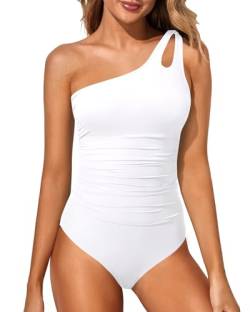 Holipick One Shoulder One Piece Swimsuit for Women Tummy Control Bathing Suits Modest Full Coverage Keyhole Swimwear, Weiss/opulenter Garten, Medium von Holipick