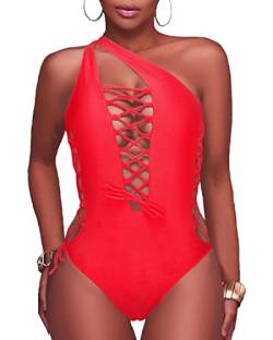 Holipick Sexy einteiliger Badeanzug für Damen, mit Schnürung, Monokini, überkreuzt, mit Trägern, gekreuzter Rückenpartie - Rot - XX-Large von Holipick