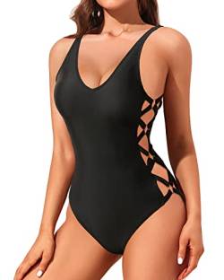 Holipick Sexy einteiliger Badeanzug für Damen, mit Trägern, überkreuzt, Monokini, Schnürung, Bademode, Schwarz, Large von Holipick