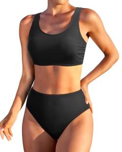 Holipick Sportlicher Bikini für Frauen, zweiteiliger athletischer Badeanzug mit hoher Taille - Schwarz - Large von Holipick