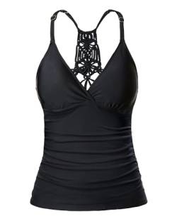 Holipick Tankini-Oberteil für Damen, V-Ausschnitt, Bauchkontrolle, Badeanzug, gerüscht, ohne Unterteil, Schwarz, Medium von Holipick