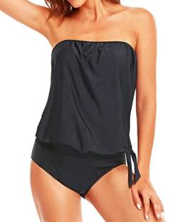 Holipick Zweiteilige Bandeau-Tankini-Badeanzüge für Damen, lockere Passform, Badeanzüge, Blouson-Badeanzug, Tank Top mit Shorts, Teenager-Mädchen, Schwarz, S von Holipick