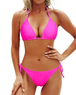Holipick Zweiteilige Bikini-Sets für Damen, String-Badeanzug, Neckholder-Top mit seitlicher Bindung, Bikinihose, neon pink, Large von Holipick