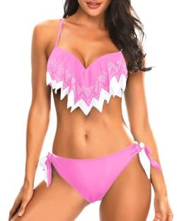 Holipick Zweiteiliger Badeanzug für Damen, Push-Up-Bügel-Bikini-Sets, sexy Badeanzüge, Rüschen-Bikinioberteil mit Unterteil, Teenager-Mädchen, weiß/rosa, XL von Holipick