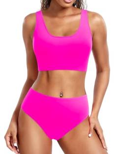 Holipick Zweiteiliger Damen-Bikini, hohe Taille, U-Ausschnitt, sportliches bauchfreies Oberteil mit Unterteil, Teenager-Mädchen, Pink, XL von Holipick