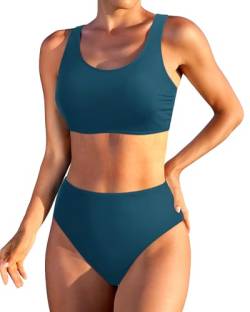 Holipick Zweiteiliger Damen-Bikini mit hoher Taille, bauchfreies Top, Badeanzug, U-Ausschnitt, Badeanzug für Teenager, Mädchen mit Unterteil, Blau Grün, Large von Holipick