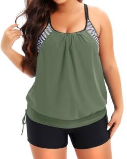 Holipick Zweiteiliger Tankini-Badeanzug für Damen, Übergröße, Bauchkontrolle, Badeanzug, Blouson, Tankini-Top mit Jungen-Shorts, Grün (Army Green), 44 Mehr von Holipick