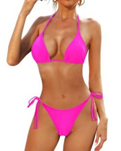 Holipick Zweiteiliges Bikini-Set für Damen, Neckholder-Bikinioberteil und Schnürung an der Seite, sexy Badeanzug, Triangel-Kordel, neon pink, Small von Holipick