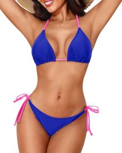 Holipick Zweiteiliges Bikini-Set für Damen, String-Badeanzug, Neckholder-Top mit seitlicher Bindung, Bikinihose, Blau/Pink, Medium von Holipick