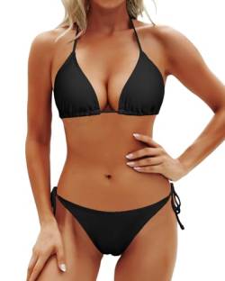 Holipick Zweiteiliges Bikini-Set für Damen, String-Badeanzug, Neckholder-Top mit seitlicher Bindung, Bikinihose, Schwarz, 4X-Large von Holipick