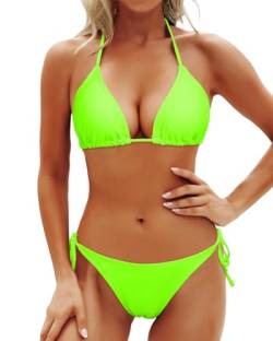 Holipick Zweiteiliges Bikini-Set für Damen, String-Badeanzug, Neckholder-Top mit seitlicher Bindung, Bikinihose, neon green, S von Holipick