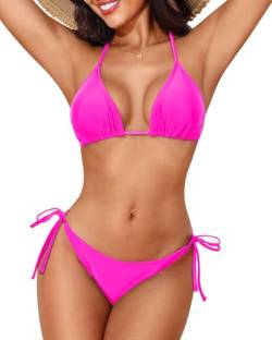 Holipick Zweiteiliges Bikini-Set für Damen, String-Badeanzug, Neckholder-Top mit seitlicher Bindung, Bikinihose, neon pink, XL von Holipick